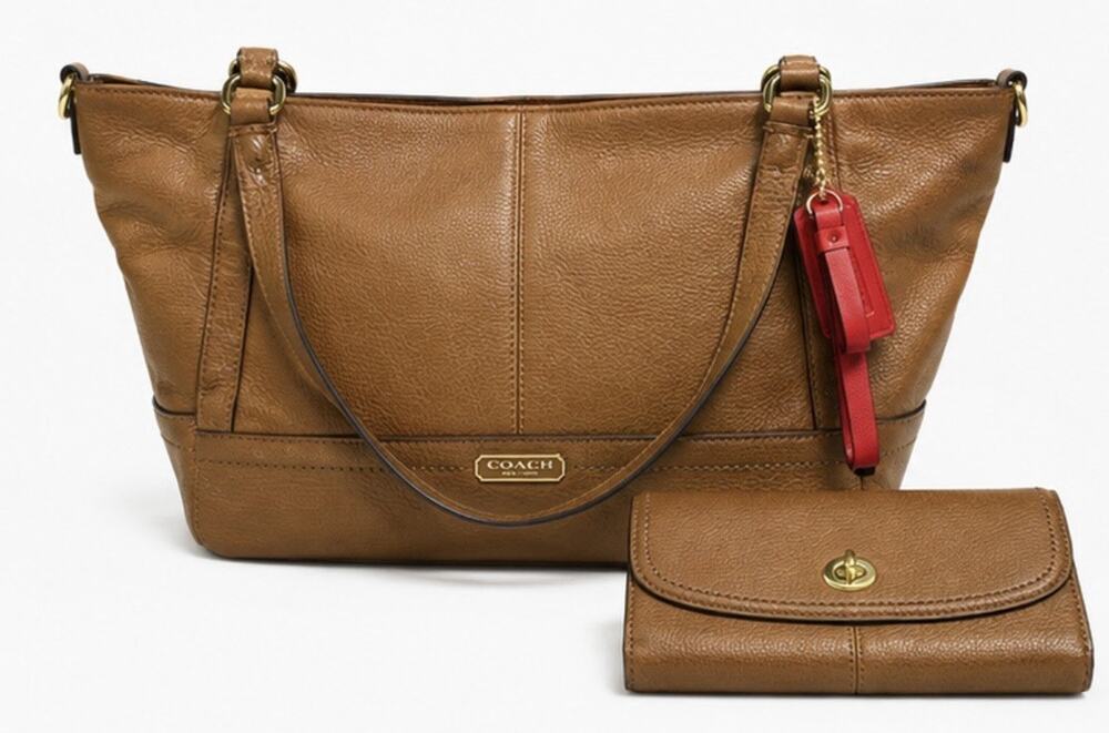 Coach F23284 Park Carrie Tote & F23167 Slim Wallet British Tan Leather Bundle